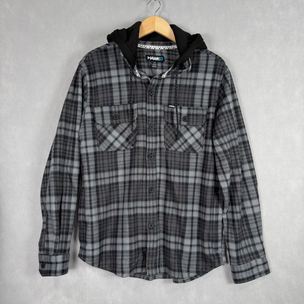 Tony Hawk Fleece Shacket Mens Large Black Grey New Plaid Hooded HMT3840